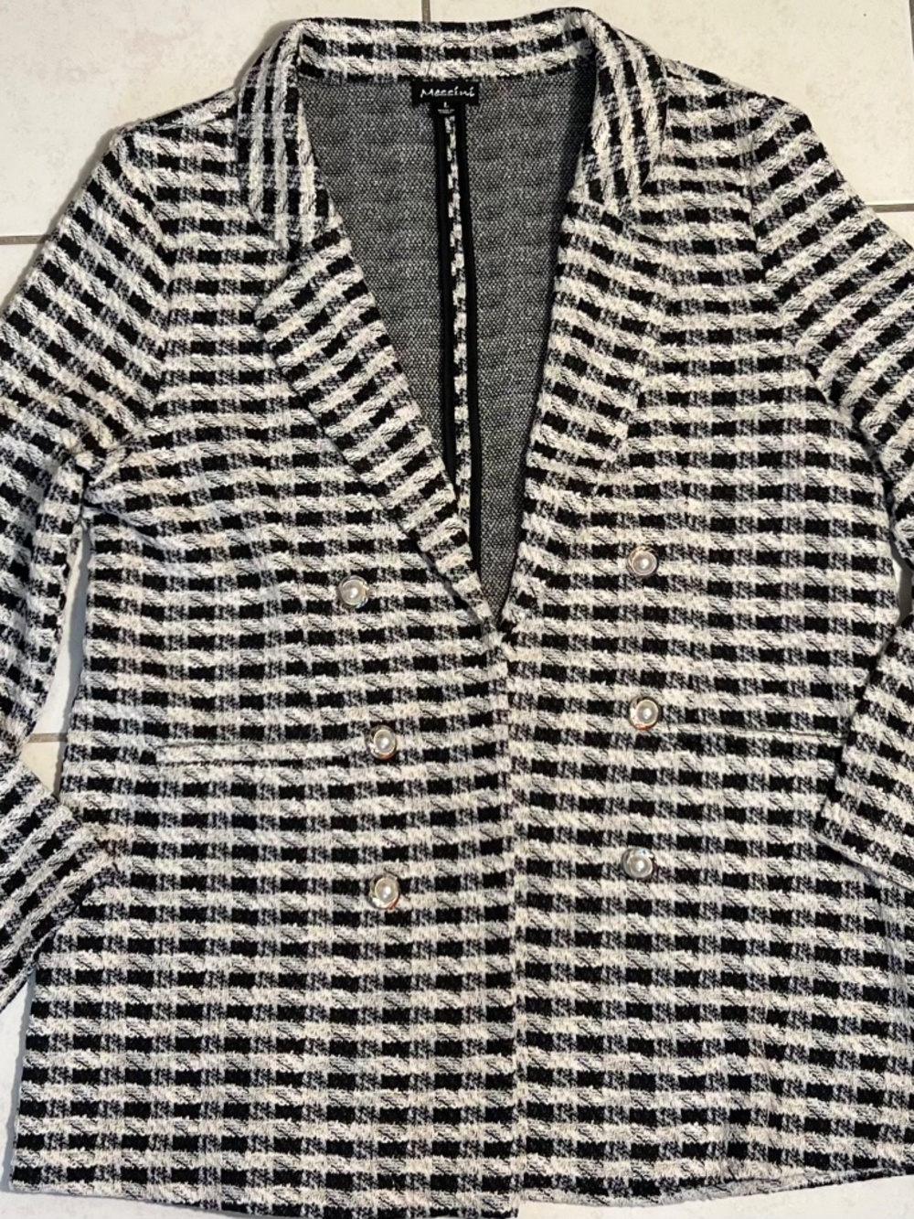 Messini Metallic Tweed Open Double Breasted Black/White Houndstooth Sz.L Jacket - Picture 5 of 15